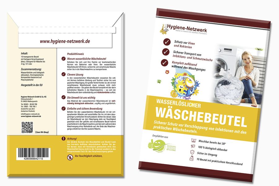Verpackung mit 10 wasserlöslichen Wäschebeuteln und Verschlussband